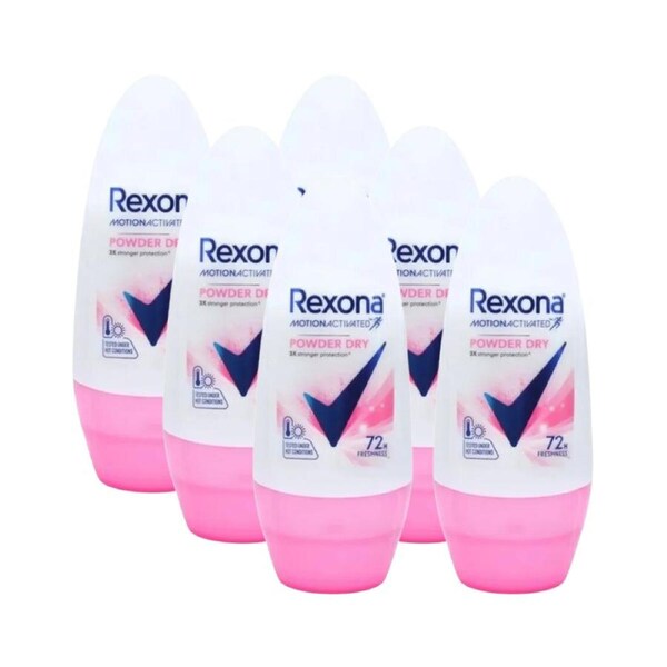 6 x Rexona Motion Activated Powder Dry Deodorant Roll On 45mL