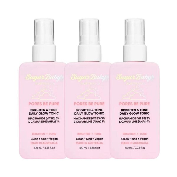 3 x SugarBaby Pores Be Pure Brighten and Tone Daily Glow Tonic 100mL