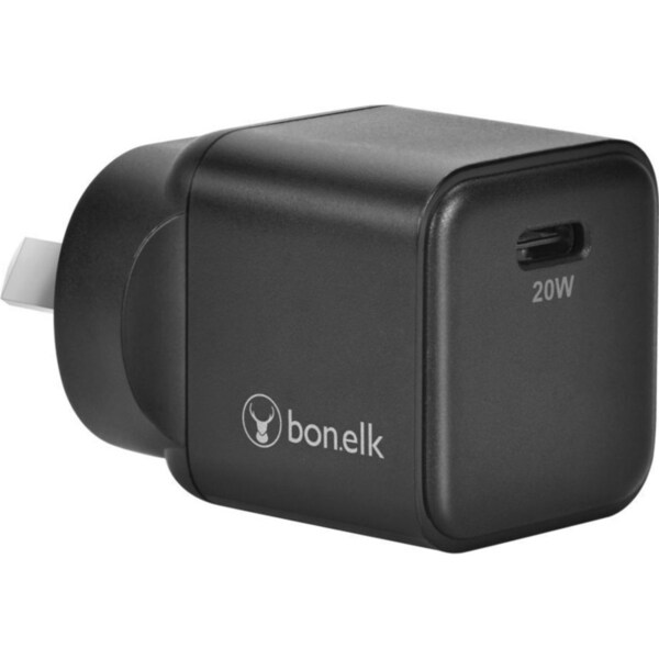 Bonelk 20W PD USB-C GaN Wall Charger w/ Easy Grip Cable 1.5m For Phone Black