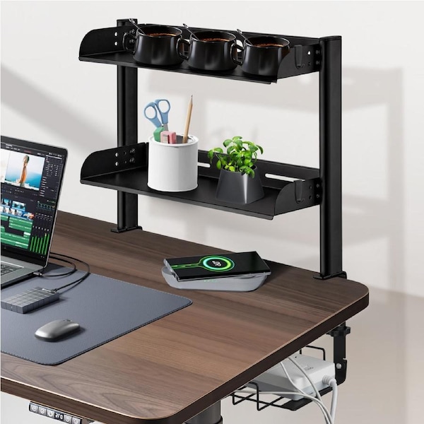 ACA 3-Tier Clamp-on Desk Shelf Shelving Unit with Under-Desk Cable Management Tray