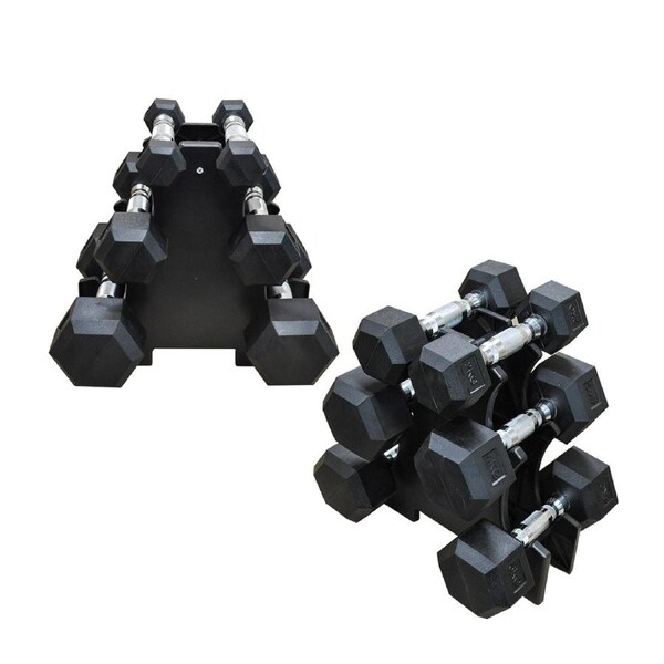 1-2-3-4-5-6 TOTAL 42KG Hex Rubber Dumbell Weight Set with 2 PVC Rack