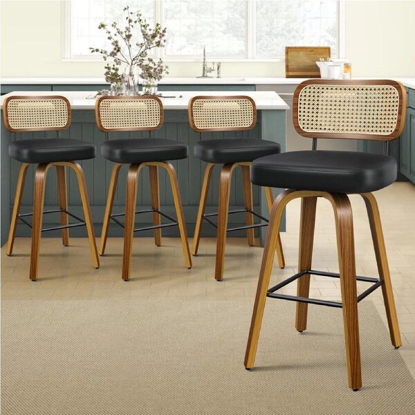 4x ALFORDSON Bar Stools Rattan Leather Wooden Black