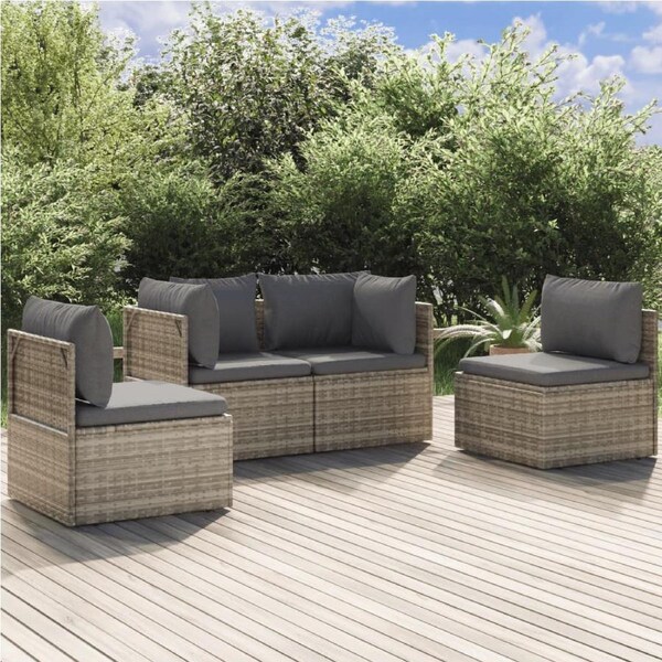4 Piece Garden Lounge Set with Cushions Grey Poly Rattan vidaXL