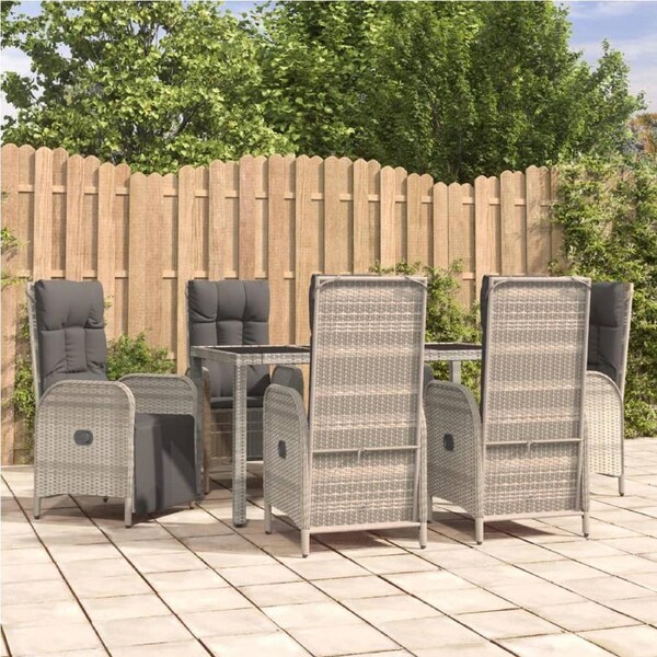 7 Piece Garden Dining Set with Cushions Grey Poly Rattan vidaXL