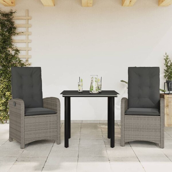3 Piece Garden Dining Set with Cushions Grey Poly Rattan vidaXL