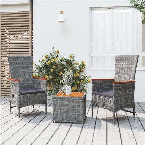 3 Piece Garden Lounge Set Grey Poly Rattan&Solid Wood Acacia vidaXL