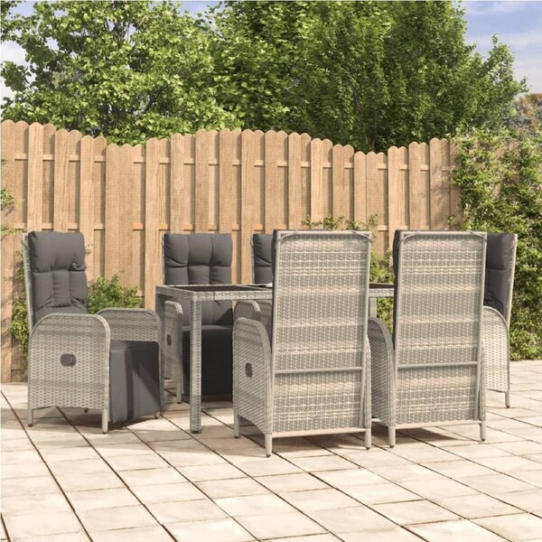 7 Piece Garden Dining Set with Cushions Grey Poly Rattan vidaXL