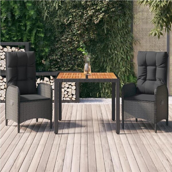 3 Piece Garden Dining Set with Cushions Black Poly Rattan vidaXL