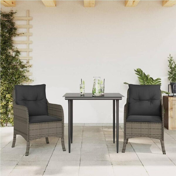 3 Piece Garden Dining Set with Cushions Grey Poly Rattan vidaXL