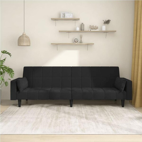 2-Seater Sofa Bed with Two Pillows Black Velvet vidaXL