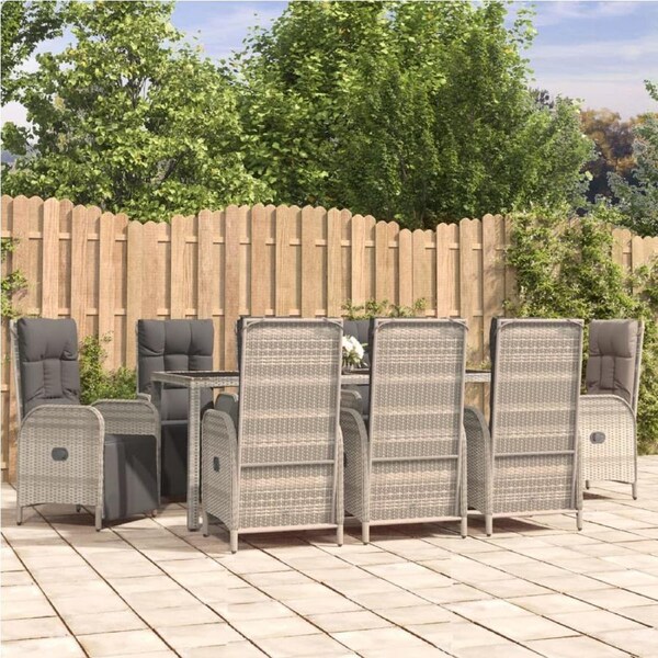 9 Piece Garden Dining Set with Cushions Grey Poly Rattan vidaXL