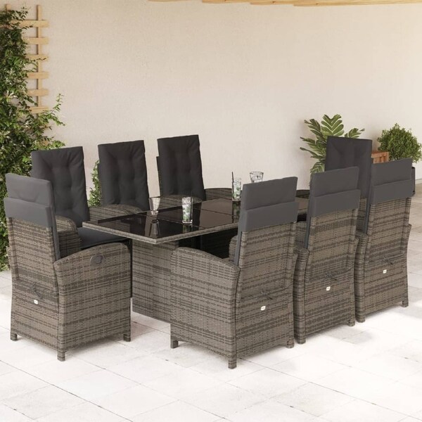 9 Piece Garden Dining Set with Cushions Grey Poly Rattan vidaXL