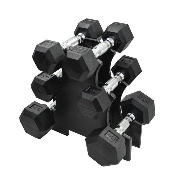 2KG-3KG-4KG TOTAL 18KG Hex Rubber Dumbell Weight Set with PVC Rack