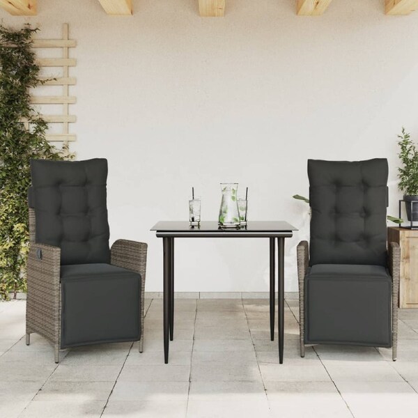 3 Piece Garden Dining Set with Cushions Grey Poly Rattan vidaXL