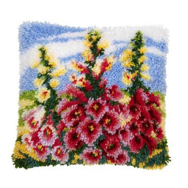 Latch Hook Hollyhocks Cushion with Canvas Hook and Threads Kit