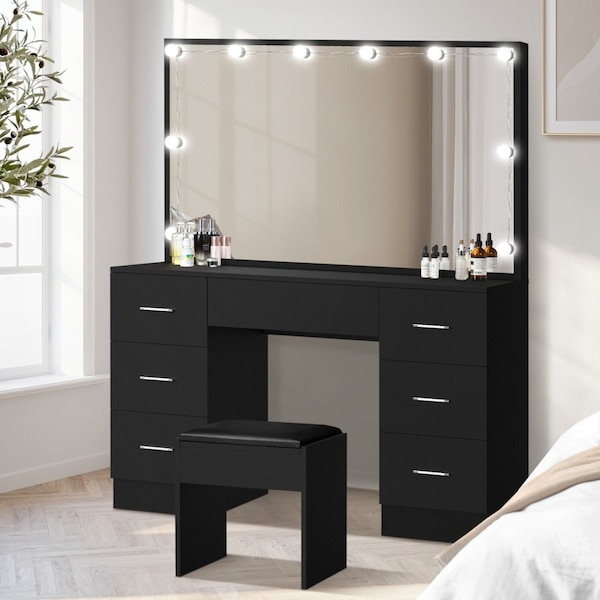 Oikiture Dressing Table Large Makeup Mirror Vanity Desk 10 LED Bulbs Black