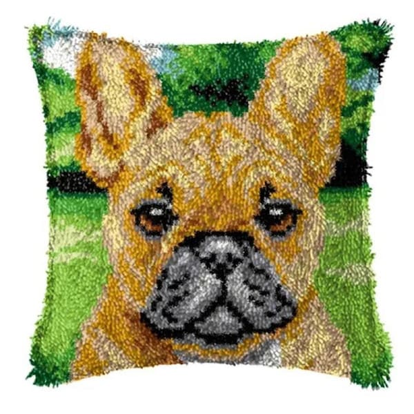 Latch Hook French Bulldog Cushion with Canvas Hook and Threads Kit