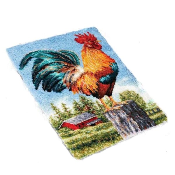 Craft Kit Latch Hook Rooster Canvas Floor Mat and Threads