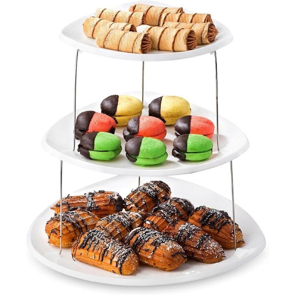 3 Tier Collapsible Party Tray, Plastic Appetizer Trays, Minimal Storage Space for Serving Sandwiches, Cake