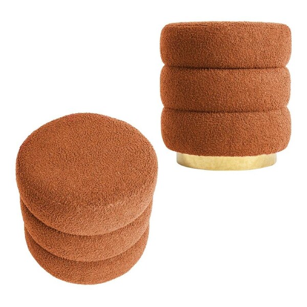 2X Round Stacked Ottoman Stool Teddy Fleece Fabric Foot Rest 38cm ORANGE