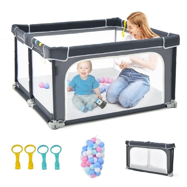 Babyjoy 124 cm Baby Playpen Folding Kids Play Yard w/Ocean Balls Portable Baby Fence Activity Center