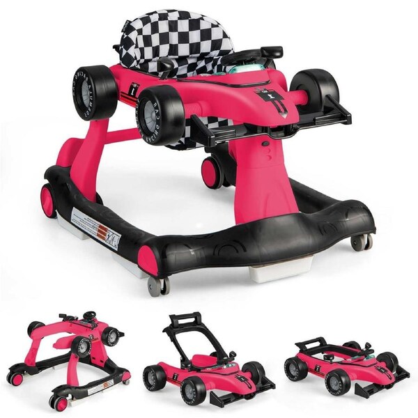 Babyjoy 4-in-1 Baby Walker Folding Activity Car Toddler Push Car Adjustable Height & Speed w/Music Box Pink