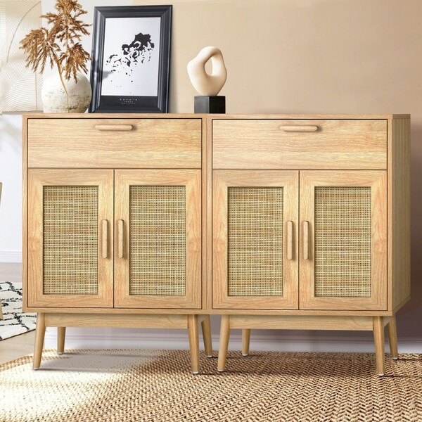Oikiture 2x Buffet Sideboard Rattan Cabinet Cupboard 2 Doors Oak