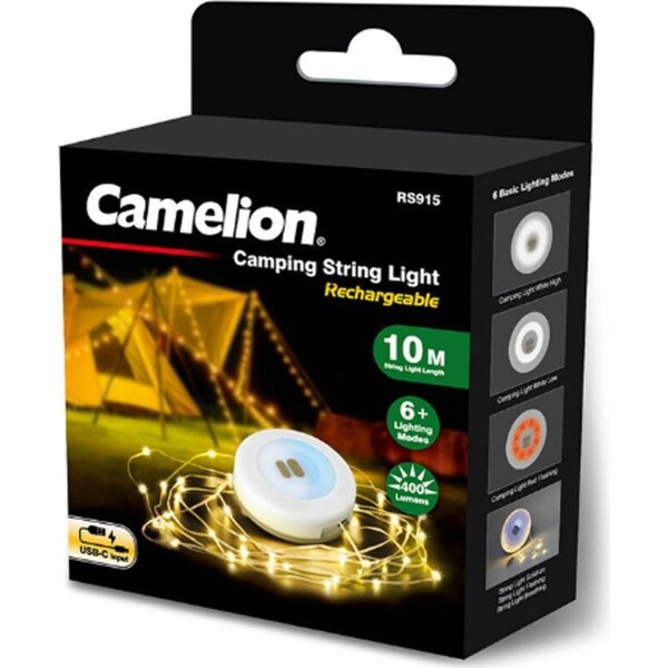 Camelion 10m Retractable 2-in-1 Rechargeable Camping String Light White