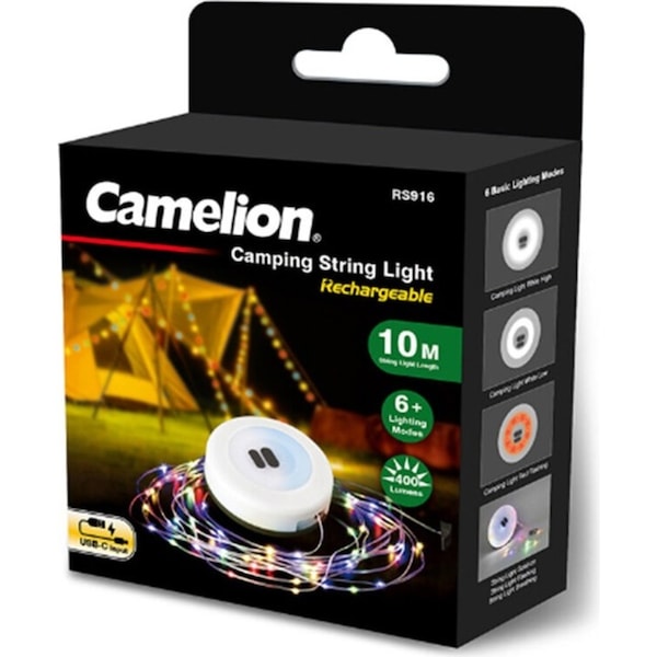 Camelion 10m Retractable 2-in-1 Rechargeable Camping String Light Colourful