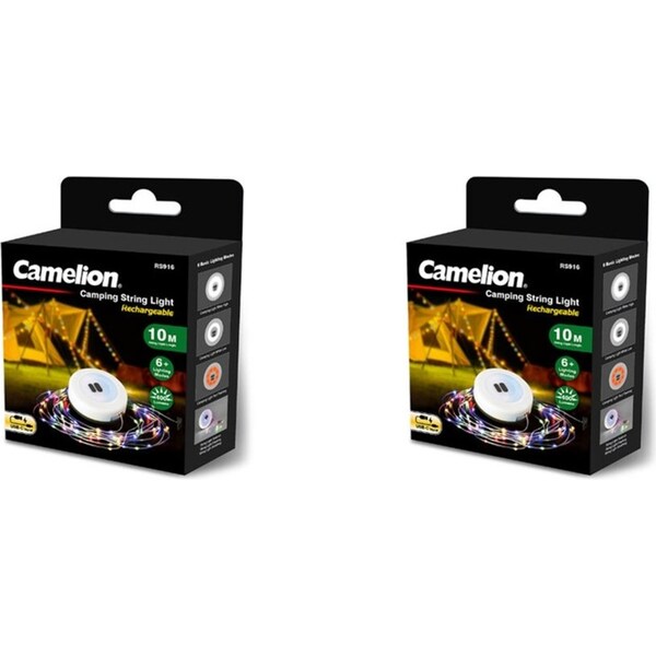 2x Camelion 10m Retractable 2-in-1 Rechargeable Camping String Light Colourful