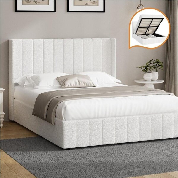 Oikiture Bed Frame Queen Size Gas Lift Base with Storage Boucle Fabric White