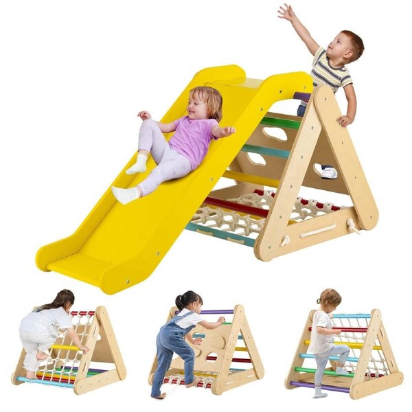 Babyjoy Climb Playset 3-in-1 Triangle Climber Play Equipment w/Sliding Board & Indoor Wooden Climbing Set Colorful