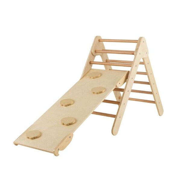 Babyjoy Climb Playset Kids Wooden Triangle Climbing Ladder Playset Indoor Play Equipment w/Ramp Natural