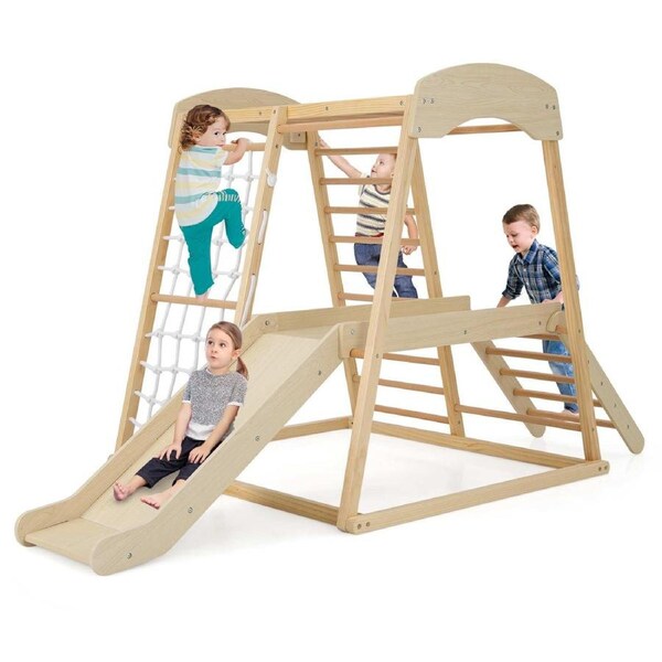 Babyjoy Climb Playset 6-in-1 Indoor Jungle Gym Wooden Playground w/Monkey Bars & Wood Ladders For Toddlers Natural