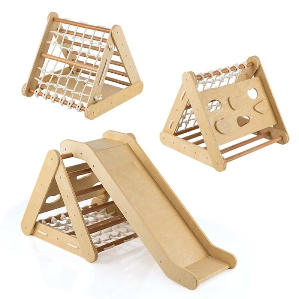 Babyjoy Climb Playset 3-in-1 Triangle Climber Toy w/Sliding Board & Indoor Wooden Climbing Set Natural