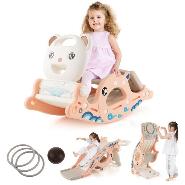 Babyjoy 4-in-1 Slide Rocking Horse Outdoor Climber w/Basketball & Ring Toss Slide Playset Pink