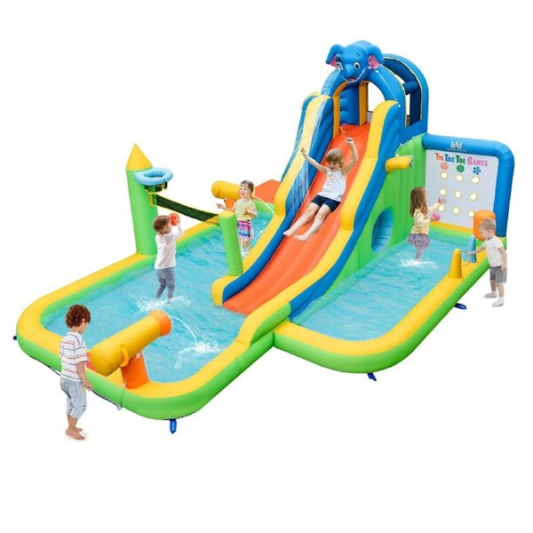 Babyjoy 9-in-1 Inflatable Water Slide Splash Pool w/Climbing Wall Water Cannons Ring Toss & Hoop(NO Blower)