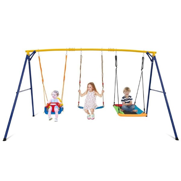 Babyjoy Kids Metal Swing Set w/Belt & Platform Tree Swing & Baby Swing Seat Outdoor Activity Equipment Max. 300KG