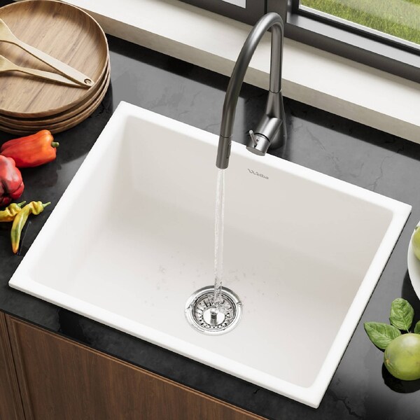 Welba Kitchen Sink with Mixer Tap 59cmx45cm Granite Stonk Single Bowl White