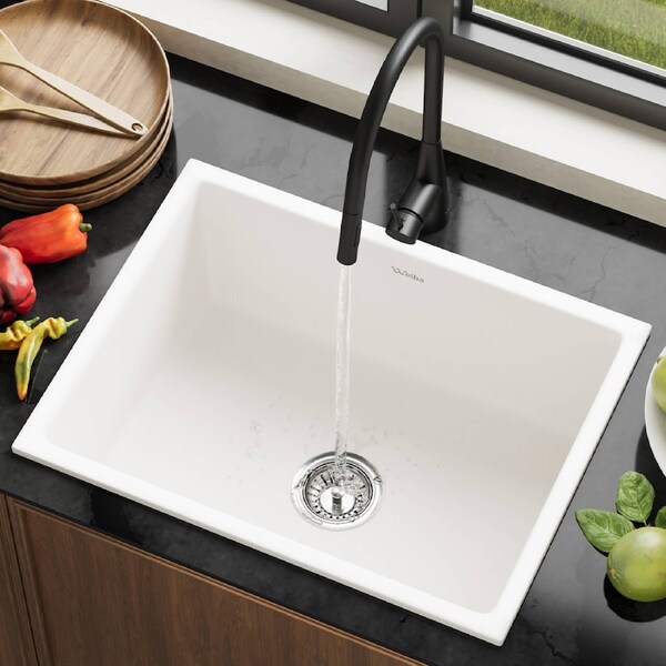 Welba Kitchen Sink Basin Granite Stonk with Mixer Tap Faucet 59cmx45cm White