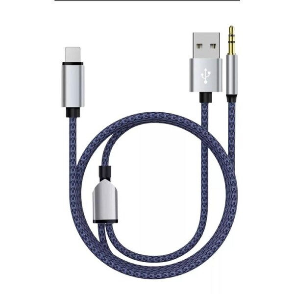 2in1 Aux Cable USB A & 3.5mm Jack to Lightning Jack Audio Adapter Compatible with iPhone iPad Samsung Google Xiaomi Huawei - Blue