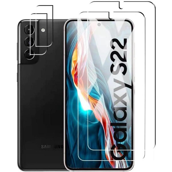 [2+2 Pack]For Samsung Galaxy S22 5G, 2 Pack Front Screen Protector,with 2 Pack Camera Lens Protector, 9H Hardness,Support Fingerprint Galaxy S22/S22 5G