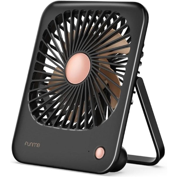 Funme Small Battery Desk Fan, Exquisite Table Fan Silent 180°Foldable Portable 3000 Rechargeable Battery Powered Golden fan Blades Strong Wind for Hot Flashes Makeup Travel Shopping Home-Black