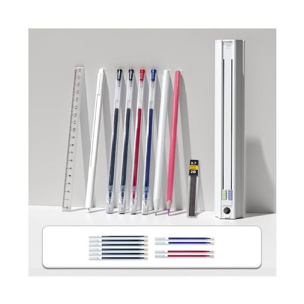 Cute Pencil Box Hexagonal Standing Pen Holder Multi-Function Push-Pull Stationery Box Set Design with Ruler and Detachable Pencil Sharpener and Eraser Hard