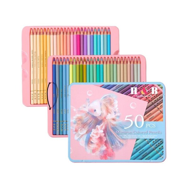 H&B 50 Macaron Colored Pencils Pre-Sharpened Color Sketch Pencils Art Supplies Bold 3.3mm Core with A Iron Storage Case for Students Beginners Artists Dr
