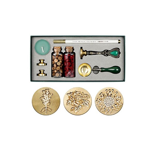 Wax Seal Kit Sealing Wax Beads Wax Melting Spoon Wax Seal Stamp Candle Replaceable Copper Head Metallic Pen for Envelopes Letter Cards Wedding Invitations