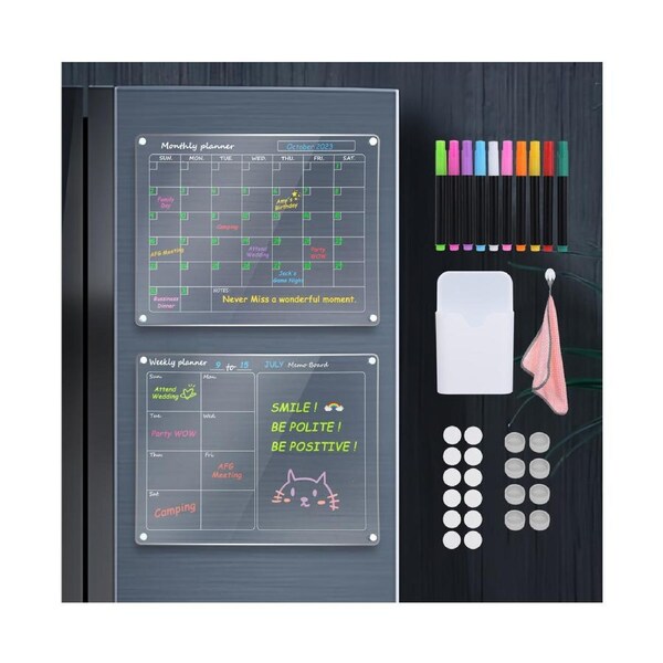 Clear Acrylic Magnetic Dry Erase Board with Monthly & Weekly Planner 16'' x 12'' Writing Board Fridge Reusable Planner with 10 Color Markers & Magnetic Pen