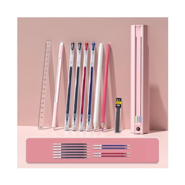 Cute Pencil Box Hexagonal Standing Pen Holder Multi-Function Push-Pull Stationery Box Set Design with Ruler and Detachable Pencil Sharpener and Eraser Hard