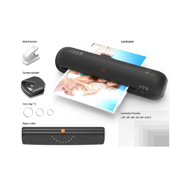 Desktop Laminator Machine Set A4 Size Hot and Cold Lamination 2 Roller System 9 inches Max Width with Paper Cutter Trimmer Rounder Hole Puncher Binding Hoo