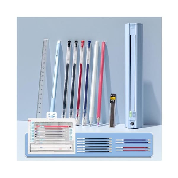 NBX Cute Pencil Box Hexagonal Standing Pen Holder Multi-Function Push-Pull Stationery Box Set Design with Ruler and Detachable Pencil Sharpener and Eraser